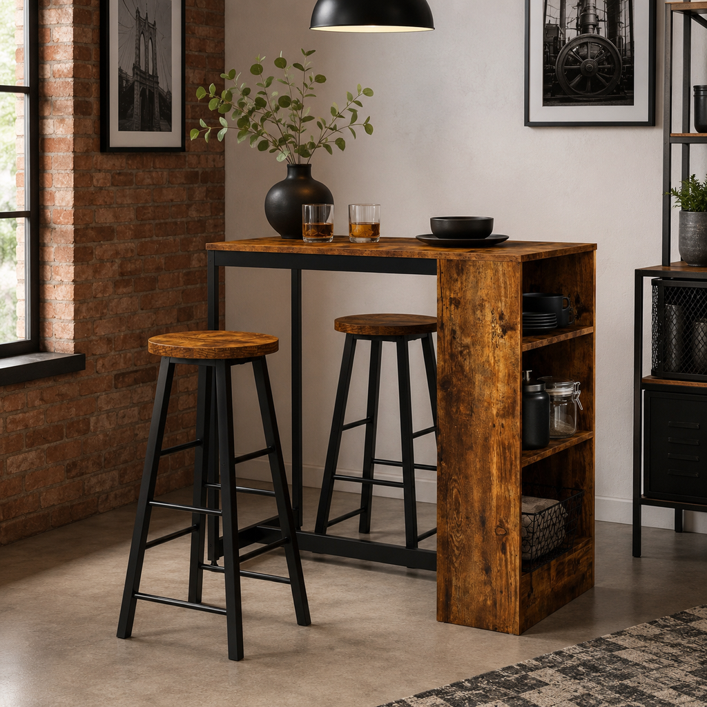 Bar Table & Stool Set Industrial 3-Piece – Metal & Particle Board, Rustic Brown, Table 91 × 91 cm