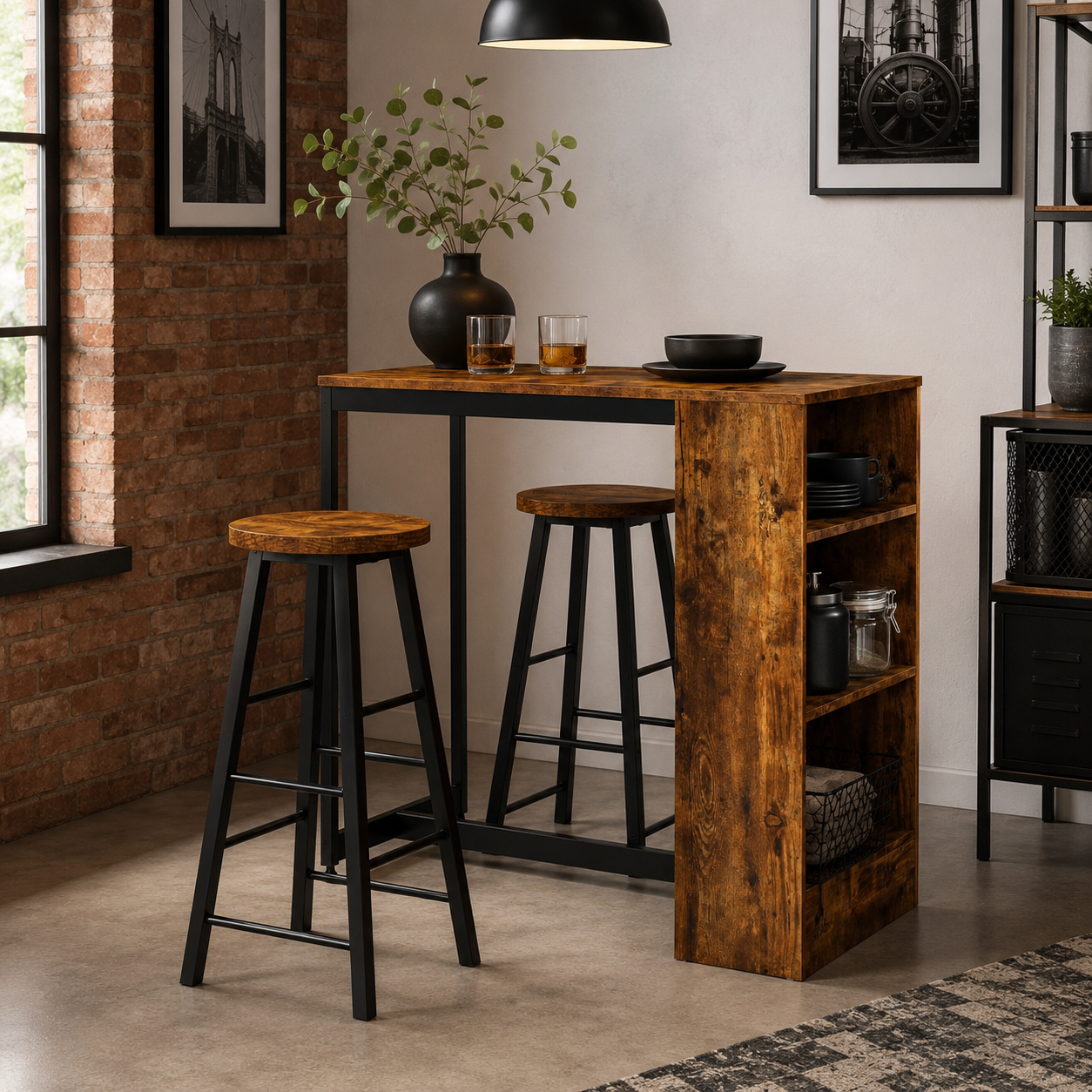 Bar Table & Stool Set Industrial 3-Piece – Metal & Particle Board, Rustic Brown, Table 91 × 91 cm