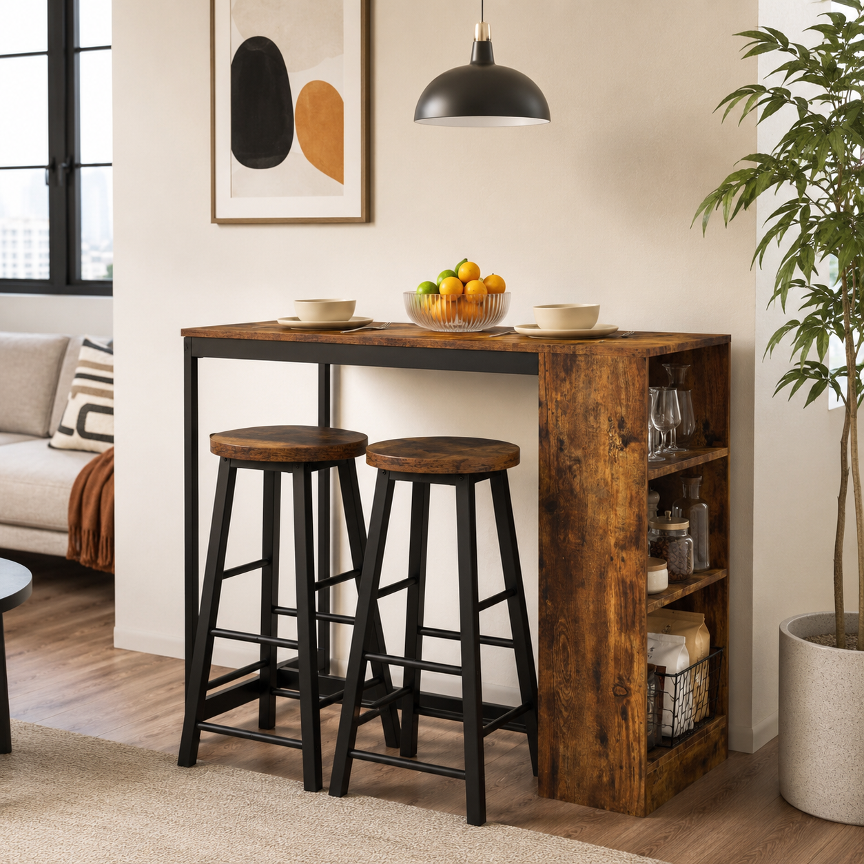 Bar Table & Stool Set Industrial 3-Piece – Metal & Particle Board, Rustic Brown, Table 91 × 91 cm