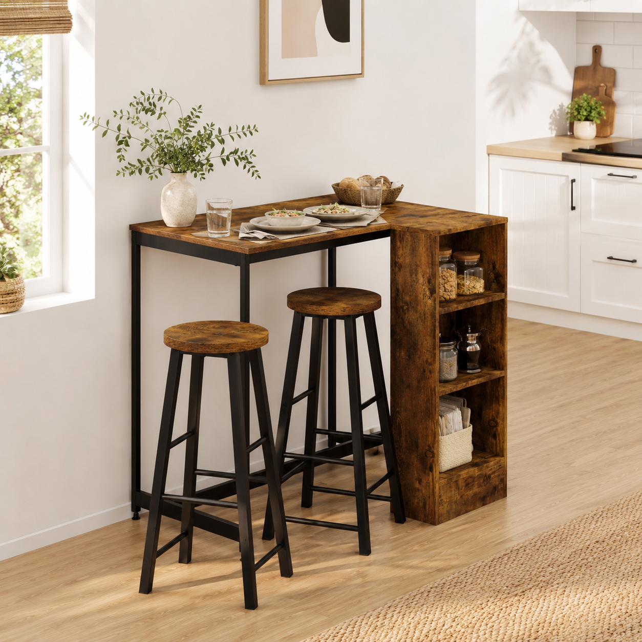 Bar Table & Stool Set Industrial 3-Piece – Metal & Particle Board, Rustic Brown, Table 91 × 91 cm