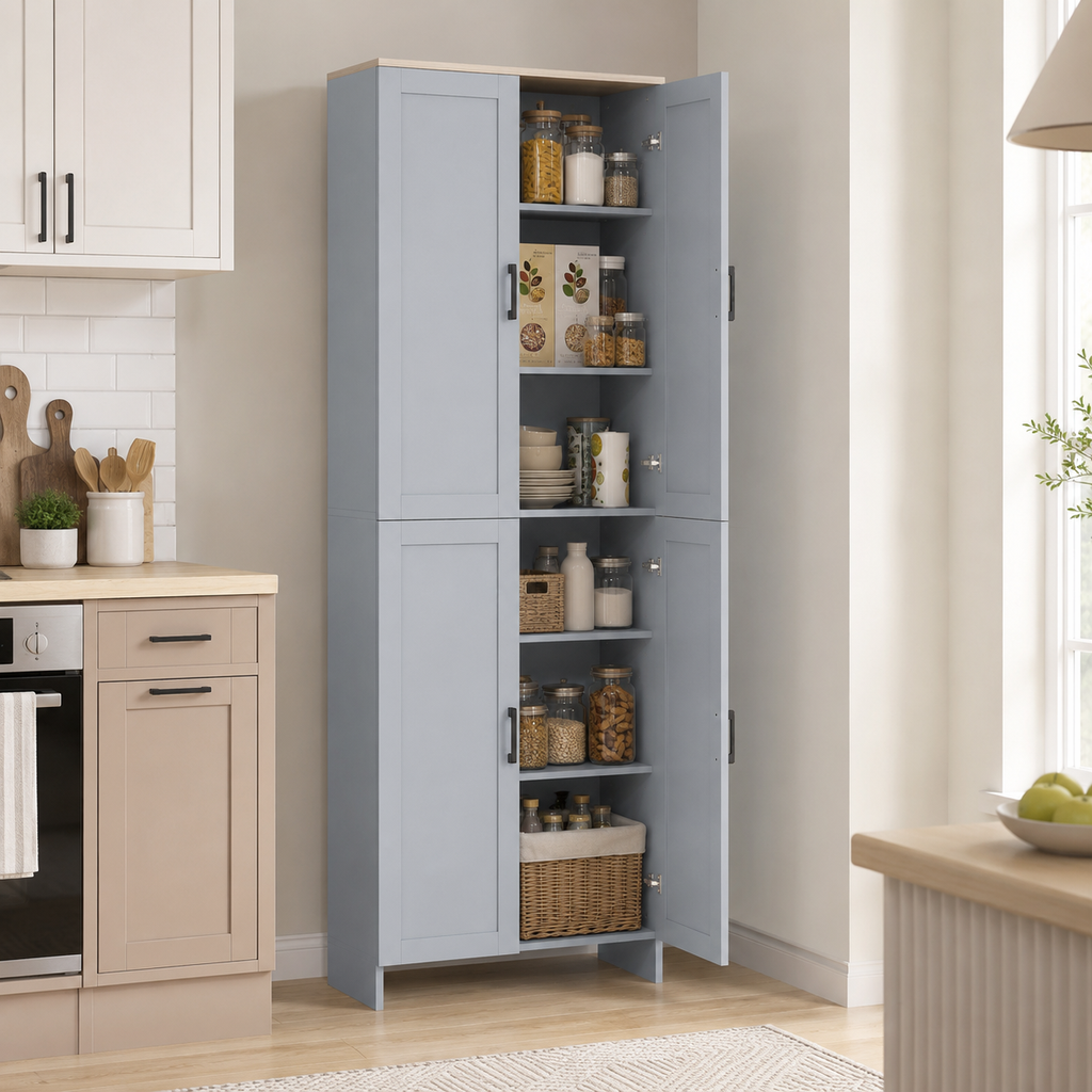 Kitchen Pantry Cupboard 4-Door Tall – Particle Board, Grey, 60 × 30 × 170.5 cm
