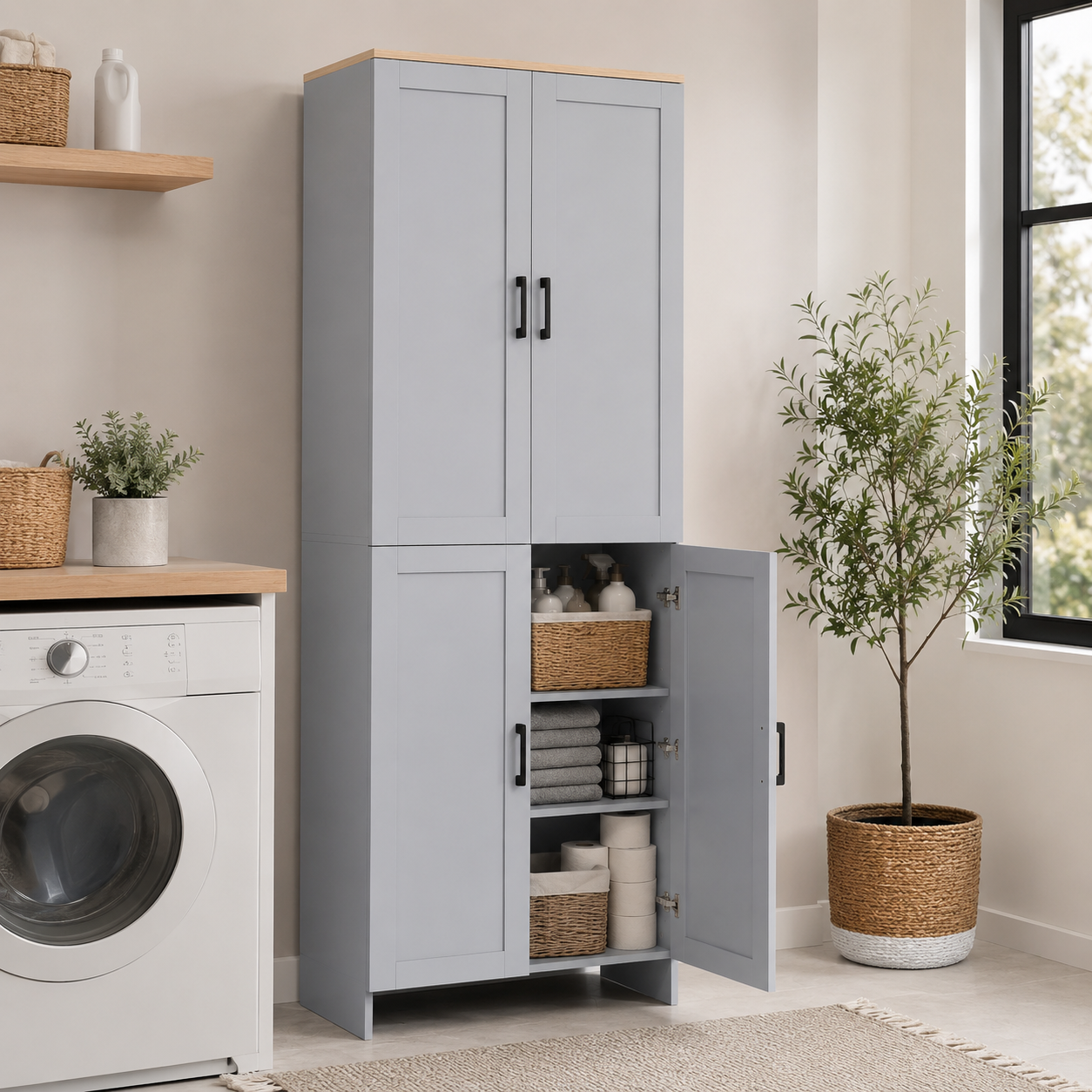 Kitchen Pantry Cupboard 4-Door Tall – Particle Board, Grey, 60 × 30 × 170.5 cm