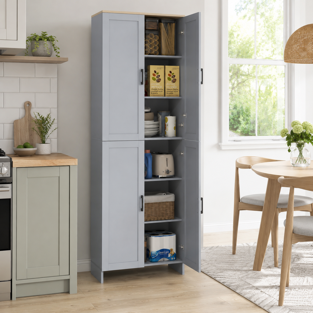 Kitchen Pantry Cupboard 4-Door Tall – Particle Board, Grey, 60 × 30 × 170.5 cm