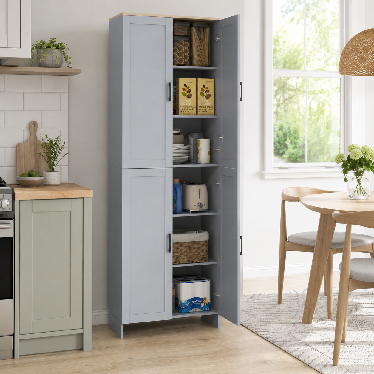 Kitchen Pantry Cupboard 4-Door Tall – Particle Board, Grey, 60 × 30 × 170.5 cm
