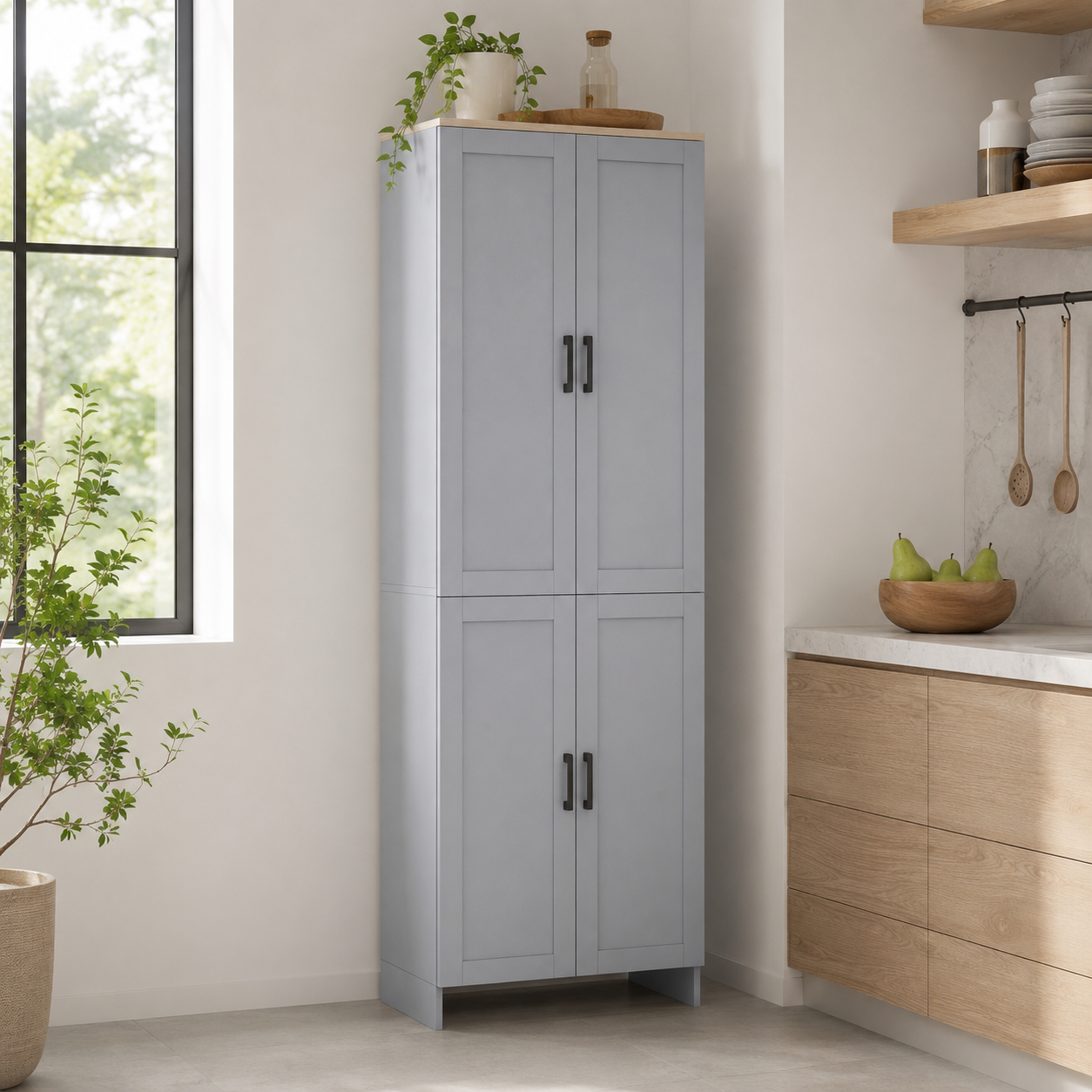 Kitchen Pantry Cupboard 4-Door Tall – Particle Board, Grey, 60 × 30 × 170.5 cm