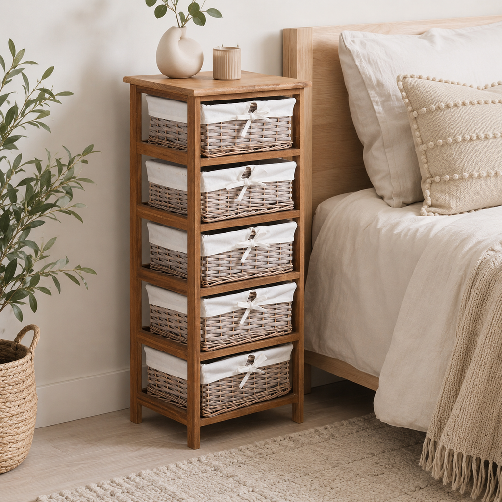 Dresser 5-Drawer Wicker Baskets – Natural Wood & Wicker, Natural, 40 × 29 × 90 cm