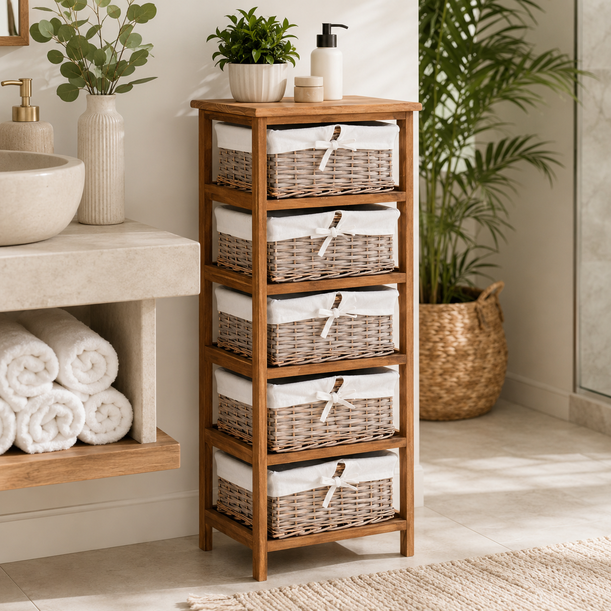 Dresser 5-Drawer Wicker Baskets – Natural Wood & Wicker, Natural, 40 × 29 × 90 cm