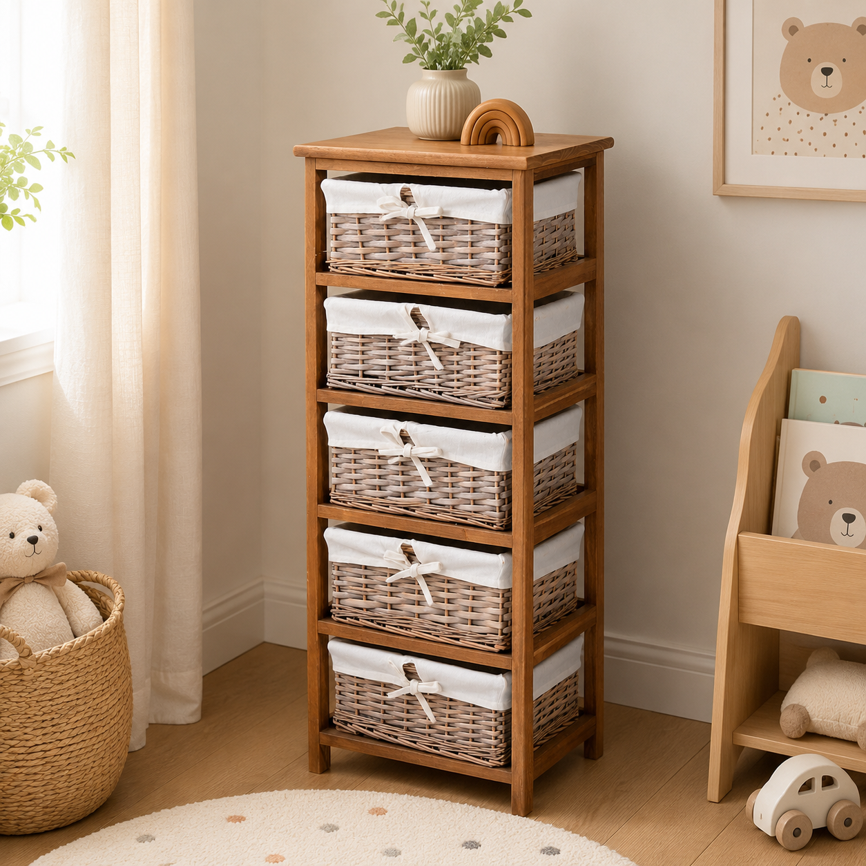 Dresser 5-Drawer Wicker Baskets – Natural Wood & Wicker, Natural, 40 × 29 × 90 cm