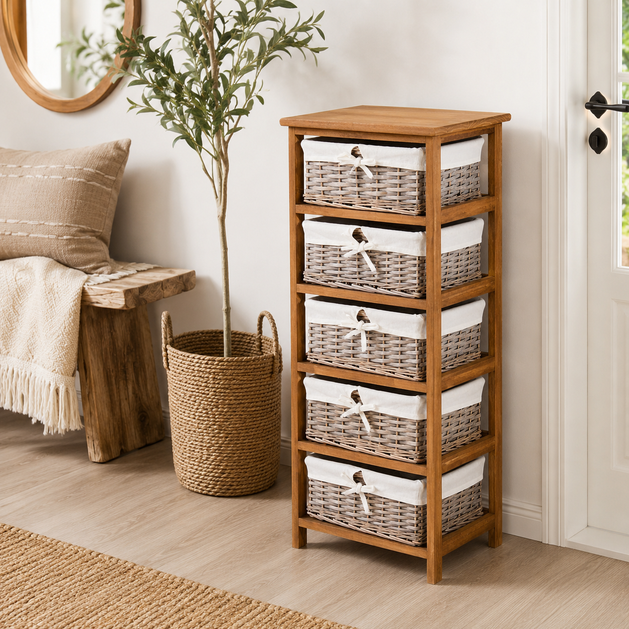 Dresser 5-Drawer Wicker Baskets – Natural Wood & Wicker, Natural, 40 × 29 × 90 cm
