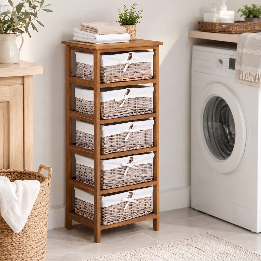 Dresser 5-Drawer Wicker Baskets – Natural Wood & Wicker, Natural, 40 × 29 × 90 cm
