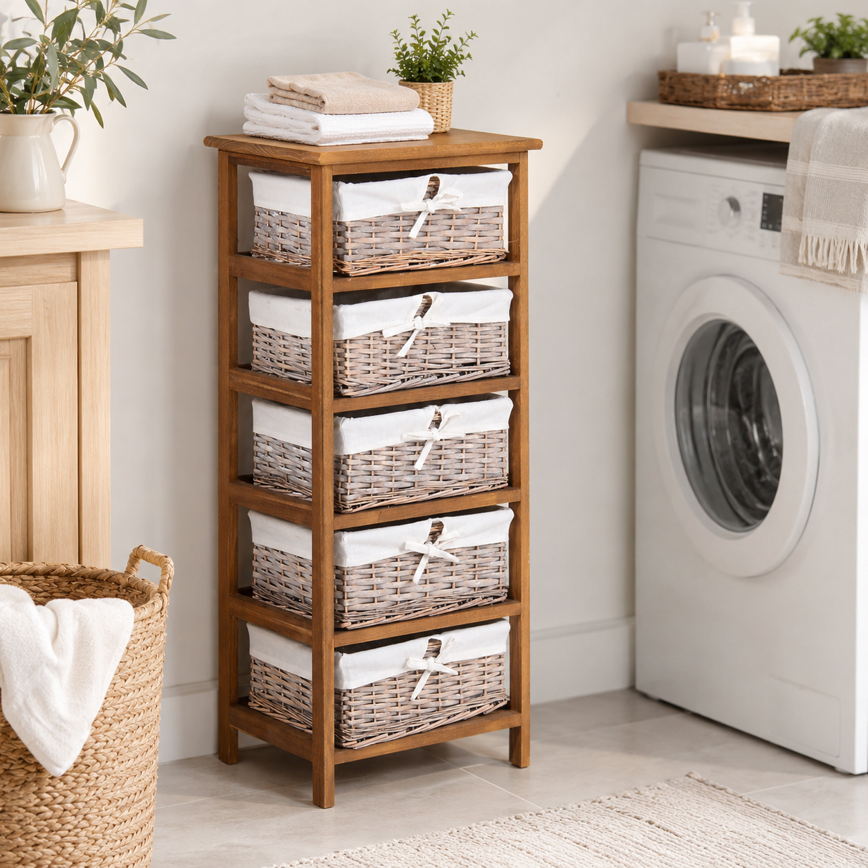 Dresser 5-Drawer Wicker Baskets – Natural Wood & Wicker, Natural, 40 × 29 × 90 cm
