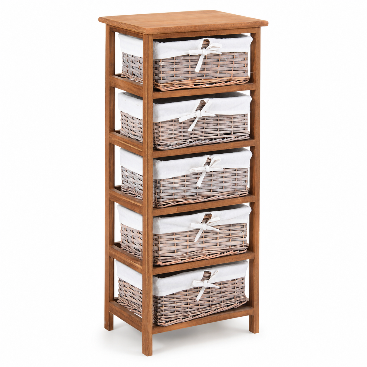Dresser 5-Drawer Wicker Baskets – Natural Wood & Wicker, Natural, 40 × 29 × 90 cm