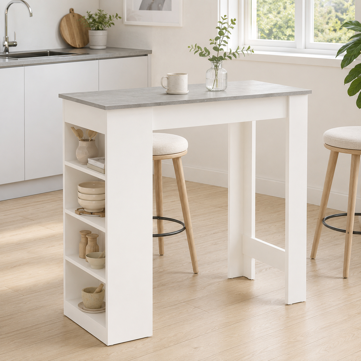 Bar Table with 4-Tier Storage Shelf – Particle Board, Grey, 115 × 50 × 102.7 cm