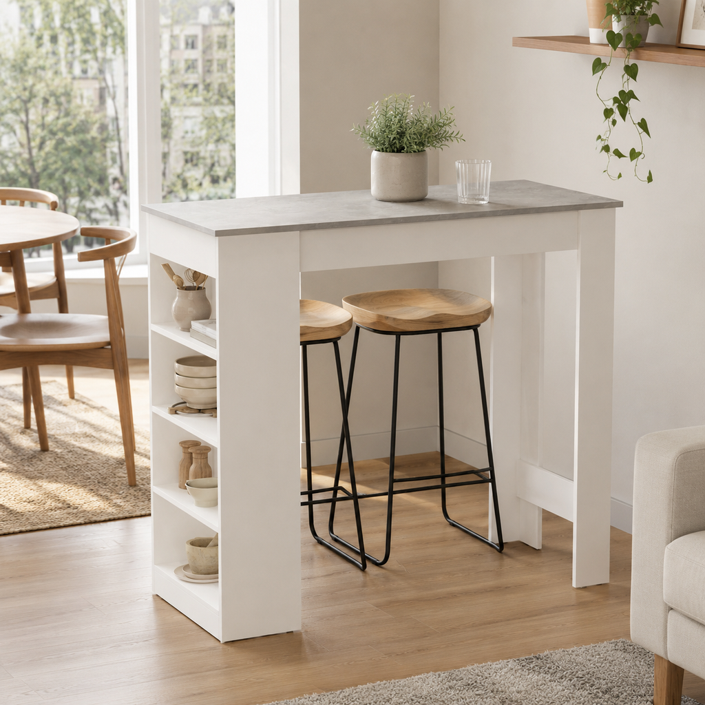 Bar Table with 4-Tier Storage Shelf – Particle Board, Grey, 115 × 50 × 102.7 cm