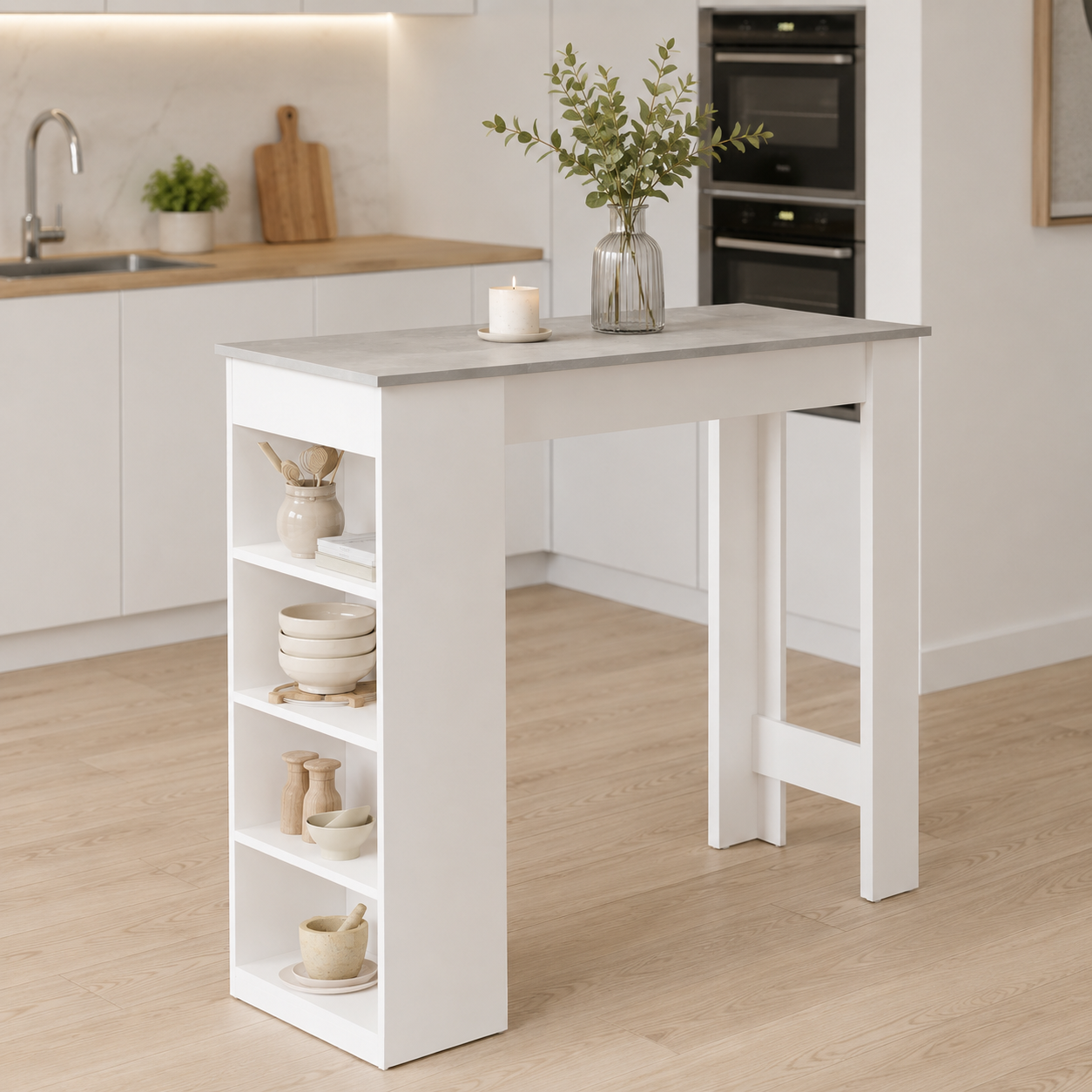 Bar Table with 4-Tier Storage Shelf – Particle Board, Grey, 115 × 50 × 102.7 cm