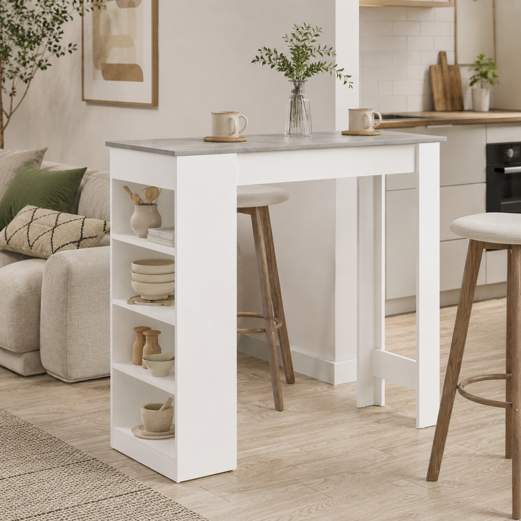 Bar Table with 4-Tier Storage Shelf – Particle Board, Grey, 115 × 50 × 102.7 cm