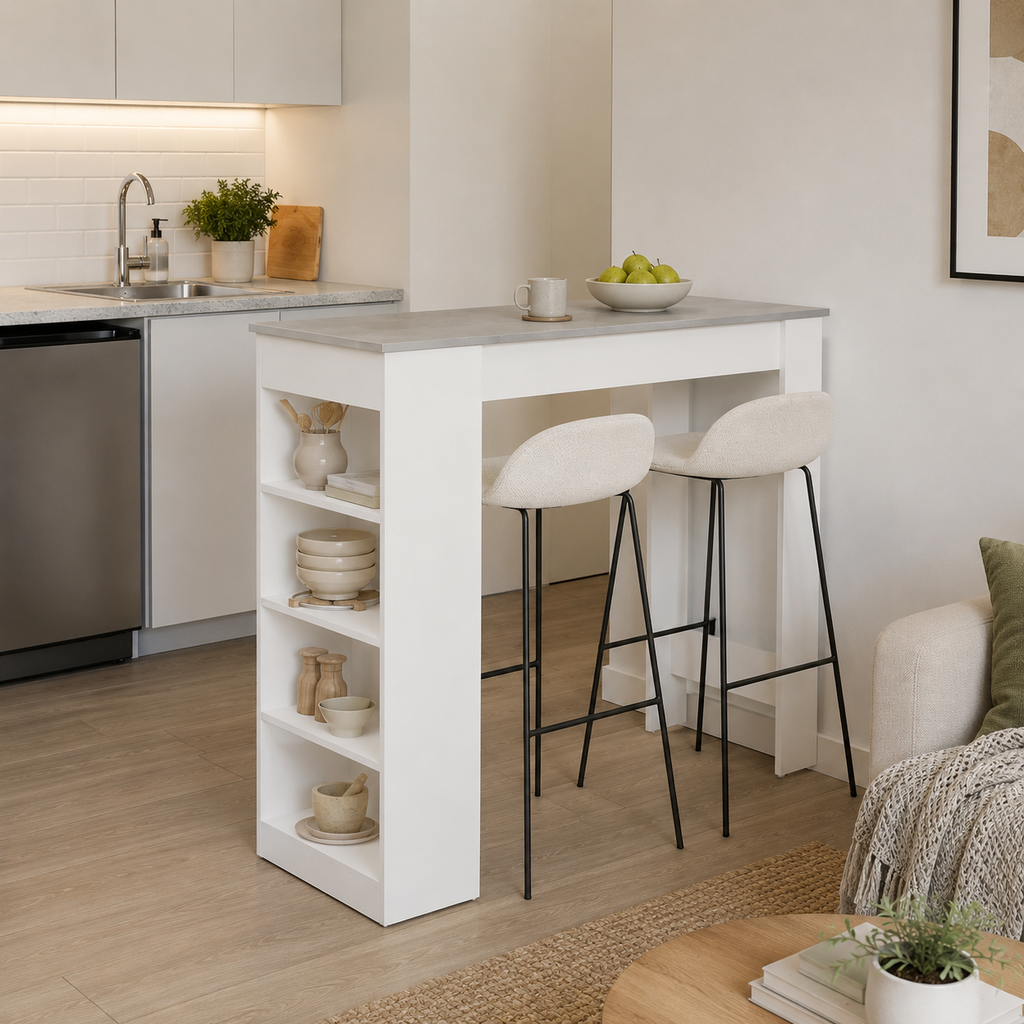 Bar Table with 4-Tier Storage Shelf – Particle Board, Grey, 115 × 50 × 102.7 cm