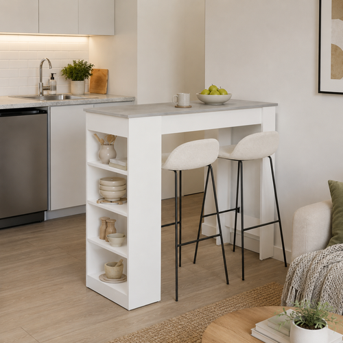 Bar Table with 4-Tier Storage Shelf – Particle Board, Grey, 115 × 50 × 102.7 cm