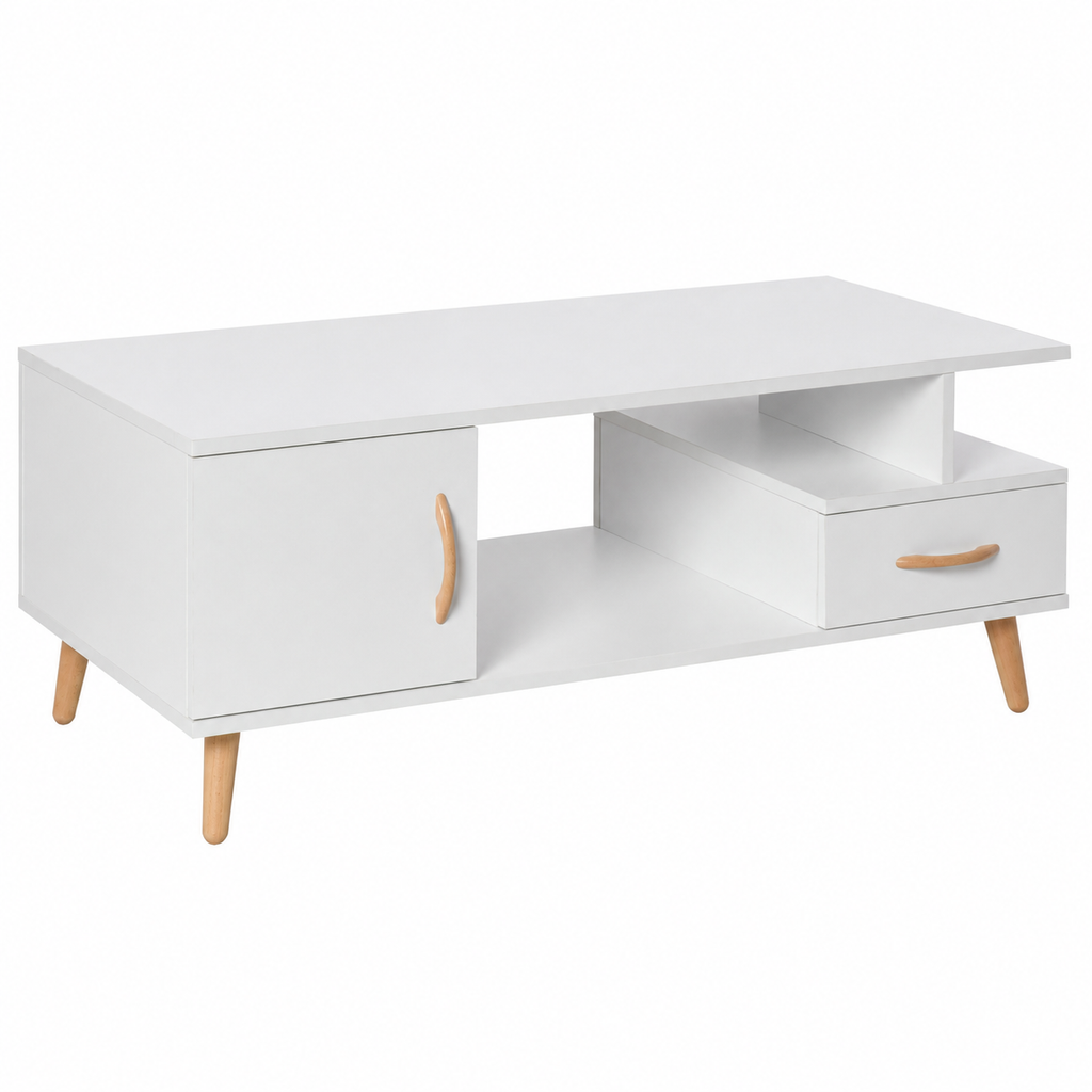Coffee Table with Shelf & Drawer – Particle Board, White & Wood-Grain-Effect, 100 × 50 × 40 cm
