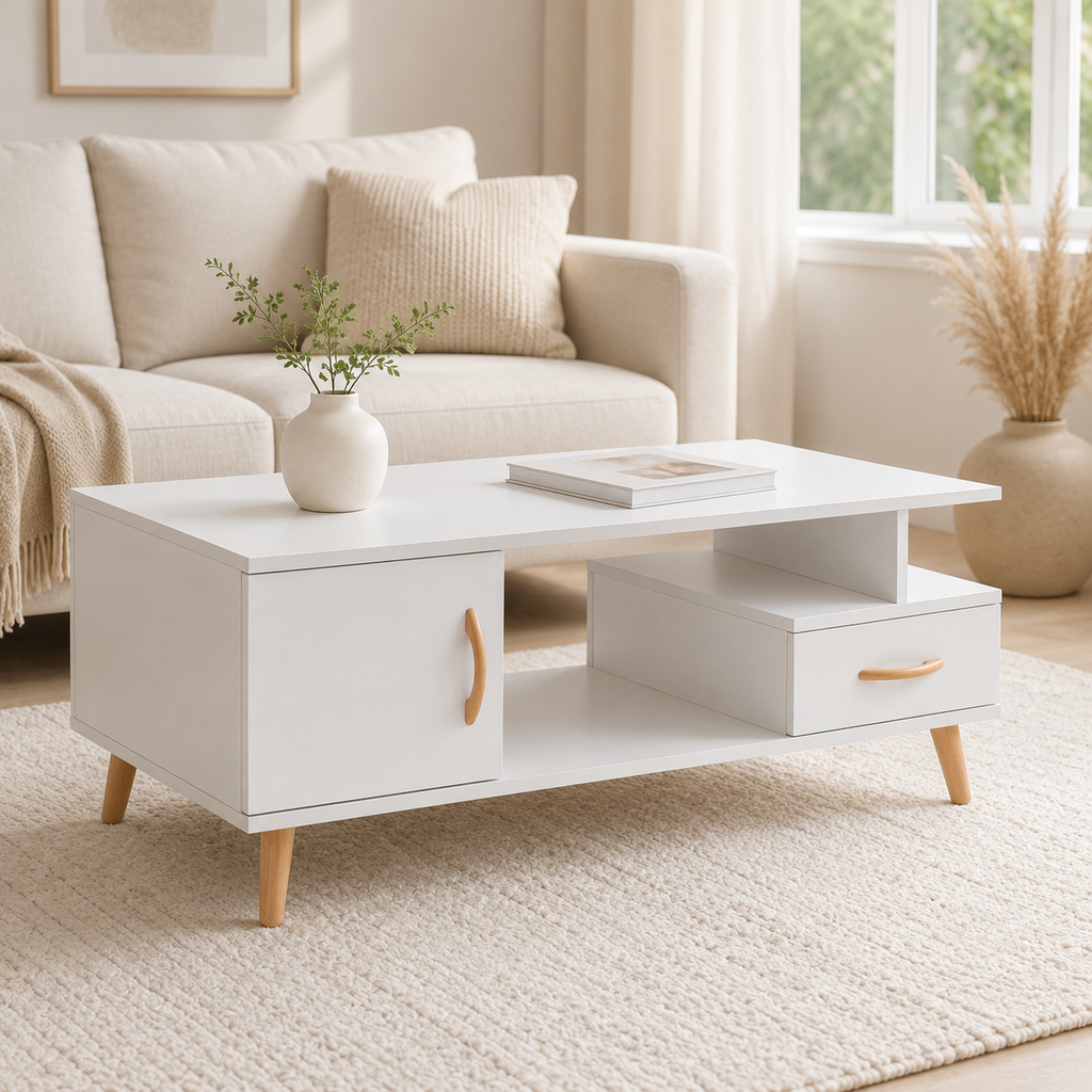 Coffee Table with Shelf & Drawer – Particle Board, White & Wood-Grain-Effect, 100 × 50 × 40 cm