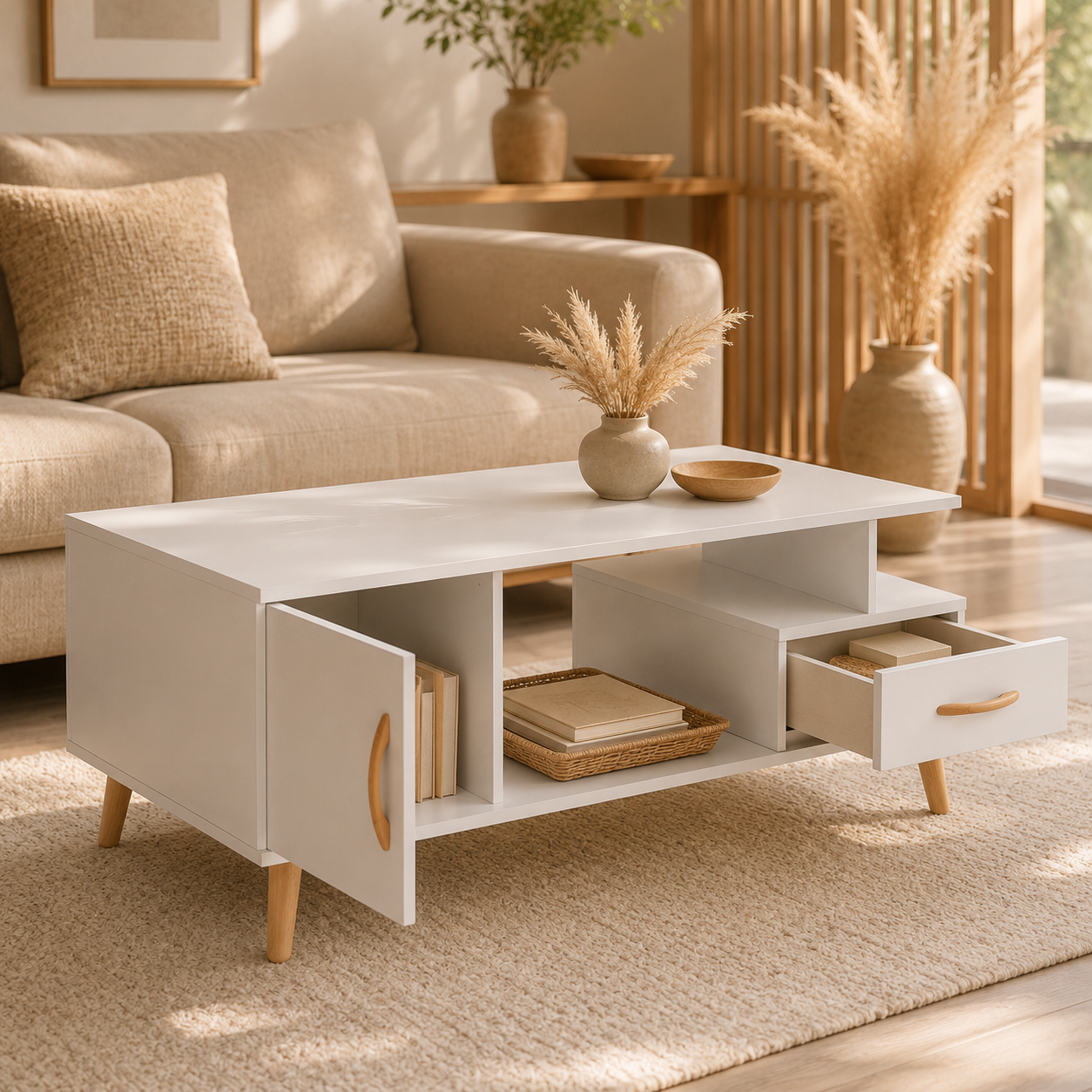 Coffee Table with Shelf & Drawer – Particle Board, White & Wood-Grain-Effect, 100 × 50 × 40 cm
