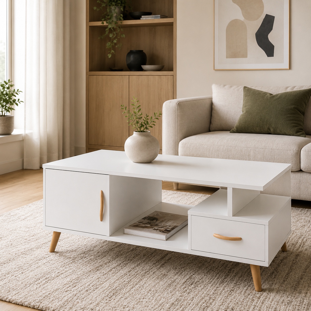 Coffee Table with Shelf & Drawer – Particle Board, White & Wood-Grain-Effect, 100 × 50 × 40 cm