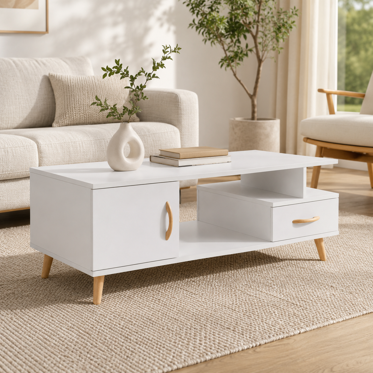 Coffee Table with Shelf & Drawer – Particle Board, White & Wood-Grain-Effect, 100 × 50 × 40 cm
