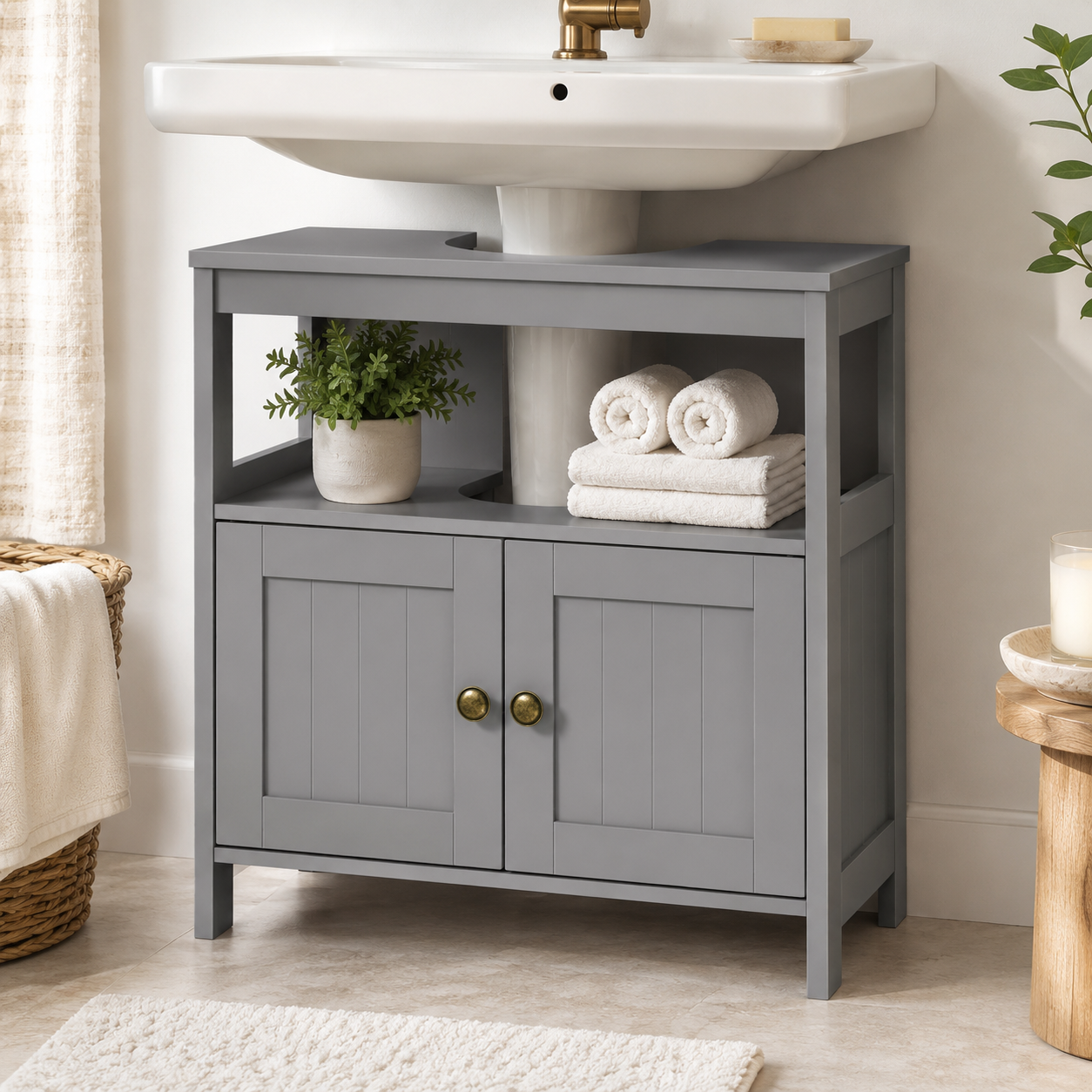Under-Sink Cabinet Double Doors – MDF, Light Grey, 60 × 30 × 60 cm