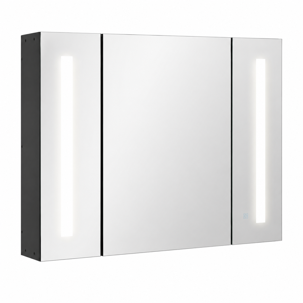 Bathroom Mirror Cabinet – LED, Wall Mounted, 3 Mirrored Doors, Dimmable, USB Charging, High Gloss, Black