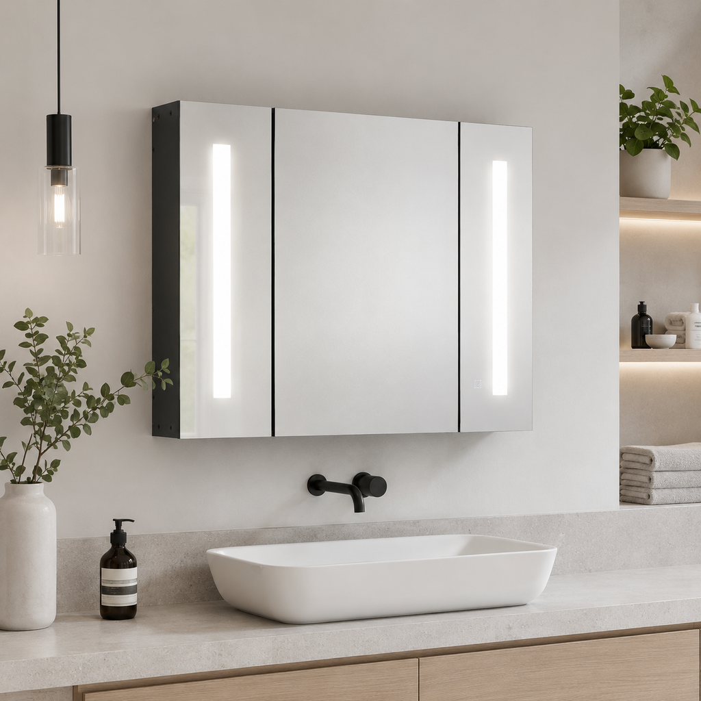 Bathroom Mirror Cabinet – LED, Wall Mounted, 3 Mirrored Doors, Dimmable, USB Charging, High Gloss, Black