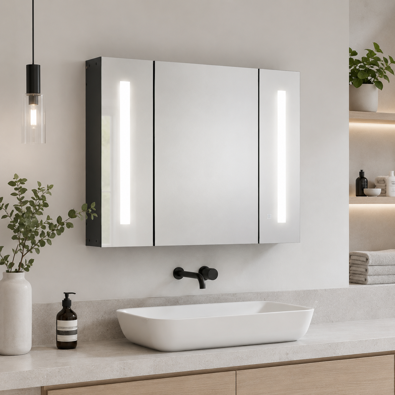Bathroom Mirror Cabinet – LED, Wall Mounted, 3 Mirrored Doors, Dimmable, USB Charging, High Gloss, Black