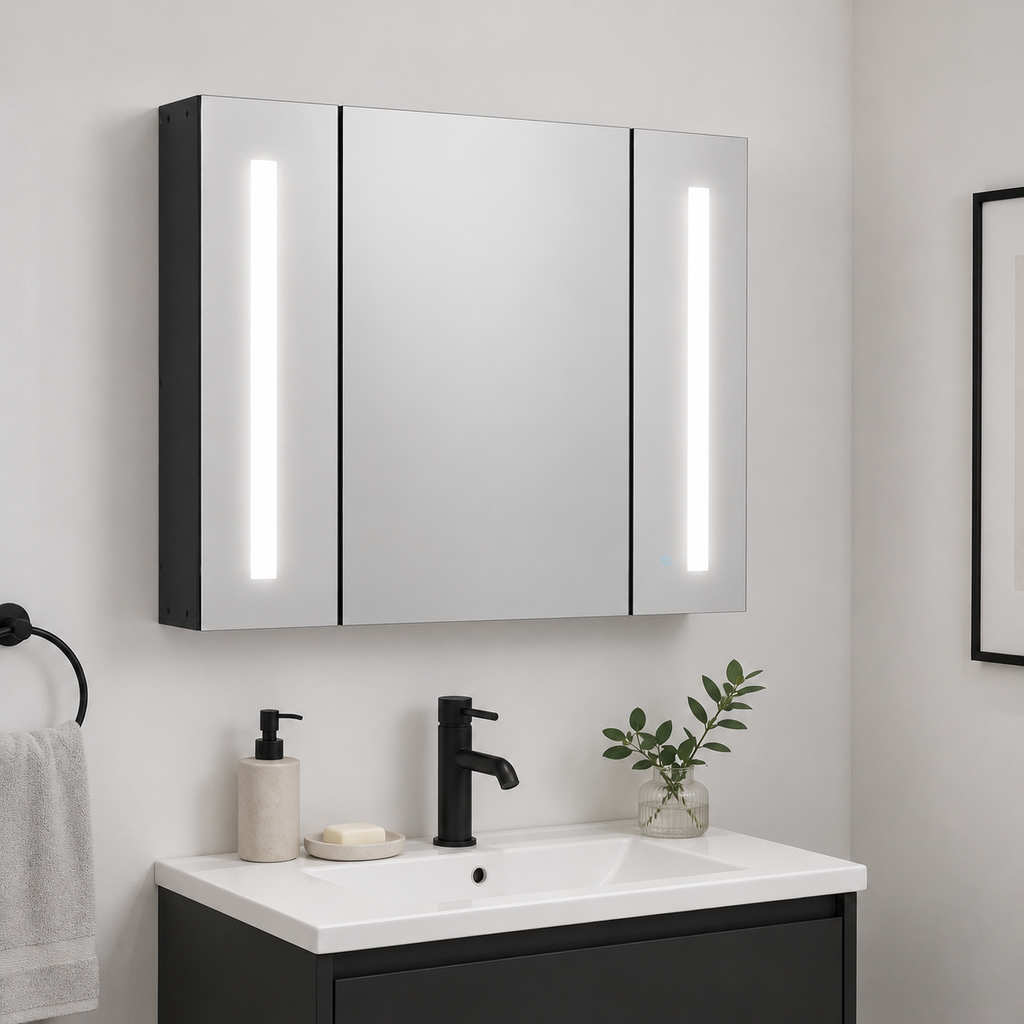 Bathroom Mirror Cabinet – LED, Wall Mounted, 3 Mirrored Doors, Dimmable, USB Charging, High Gloss, Black