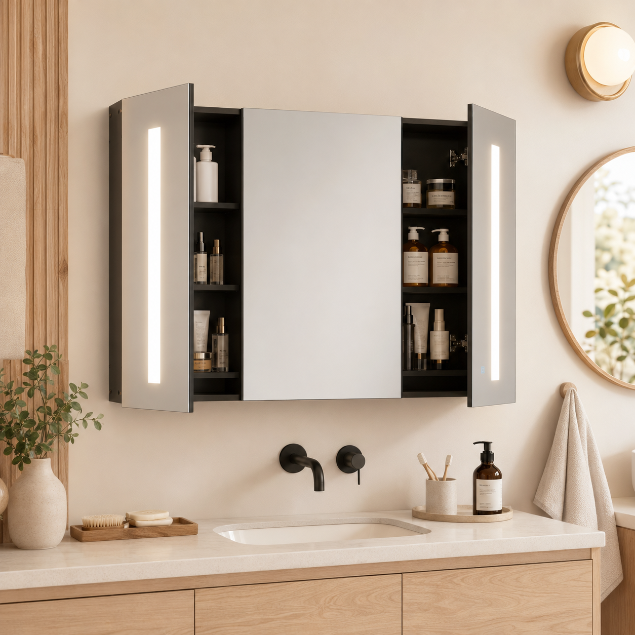 Bathroom Mirror Cabinet – LED, Wall Mounted, 3 Mirrored Doors, Dimmable, USB Charging, High Gloss, Black