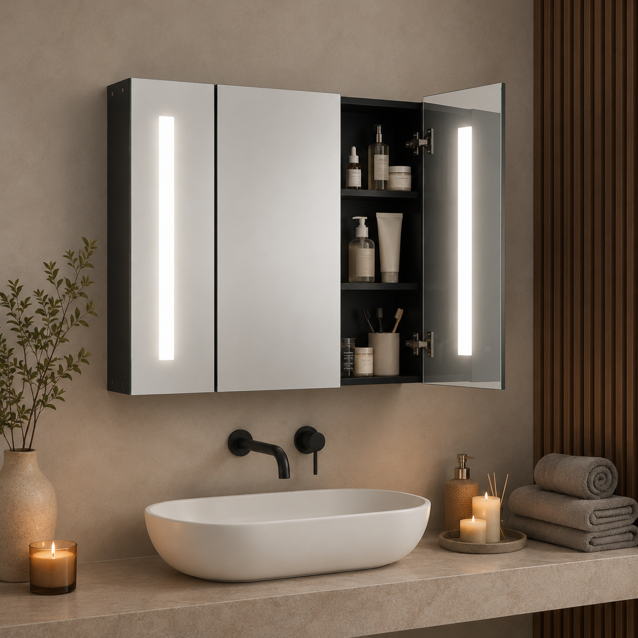 Bathroom Mirror Cabinet – LED, Wall Mounted, 3 Mirrored Doors, Dimmable, USB Charging, High Gloss, Black