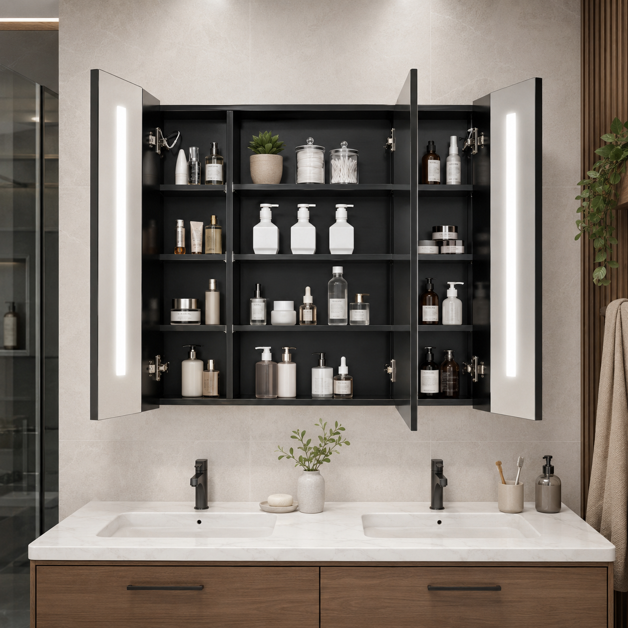 Bathroom Mirror Cabinet – LED, Wall Mounted, 3 Mirrored Doors, Dimmable, USB Charging, High Gloss, Black