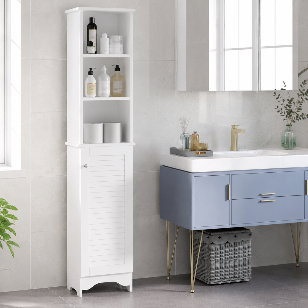 Bathroom Storage Cabinet – Tall, Slim, 6 Shelves, Shutter Door, 165×34×20cm, White