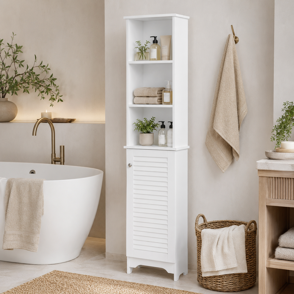Bathroom Storage Cabinet – Tall, Slim, 6 Shelves, Shutter Door, 165×34×20cm, White