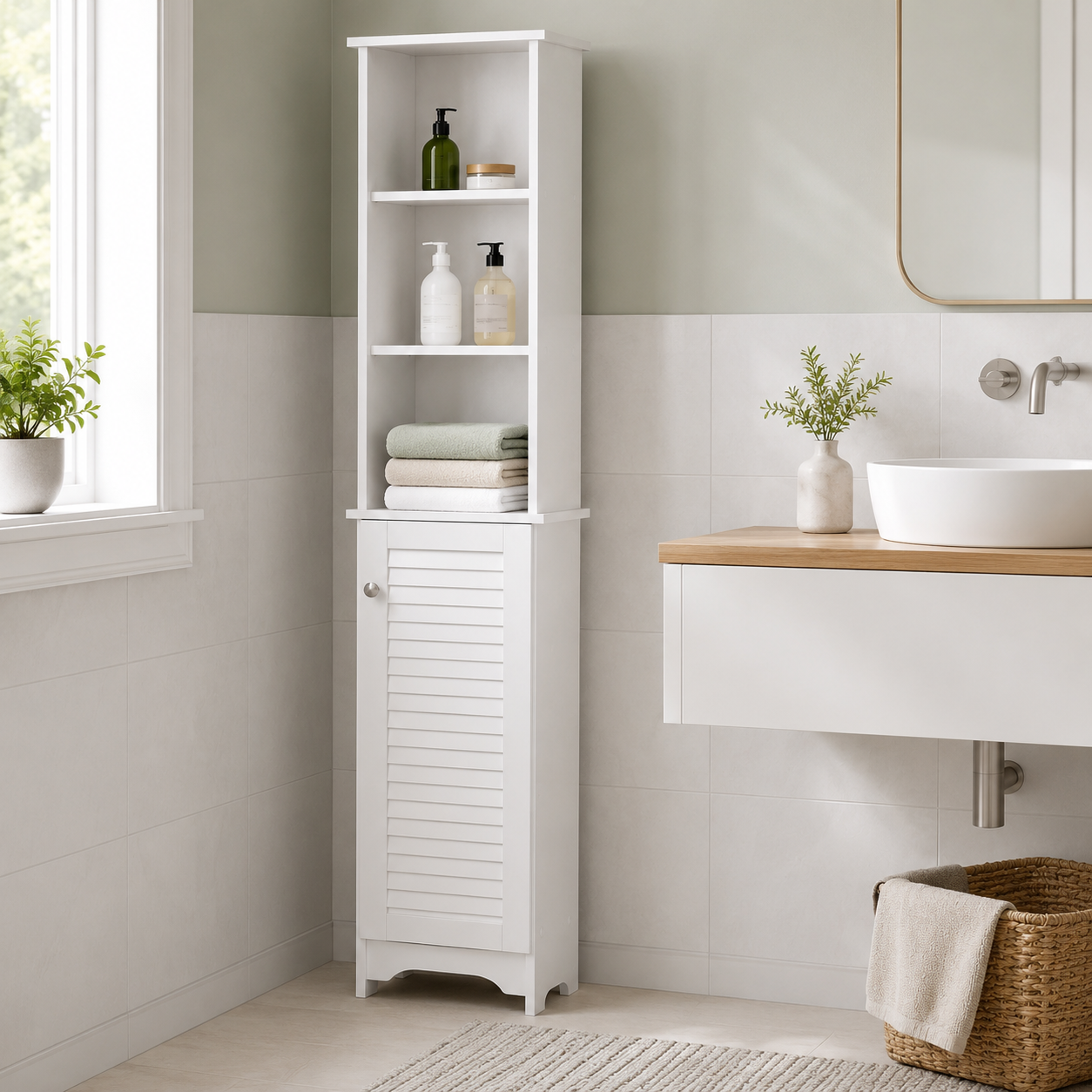 Bathroom Storage Cabinet – Tall, Slim, 6 Shelves, Shutter Door, 165×34×20cm, White