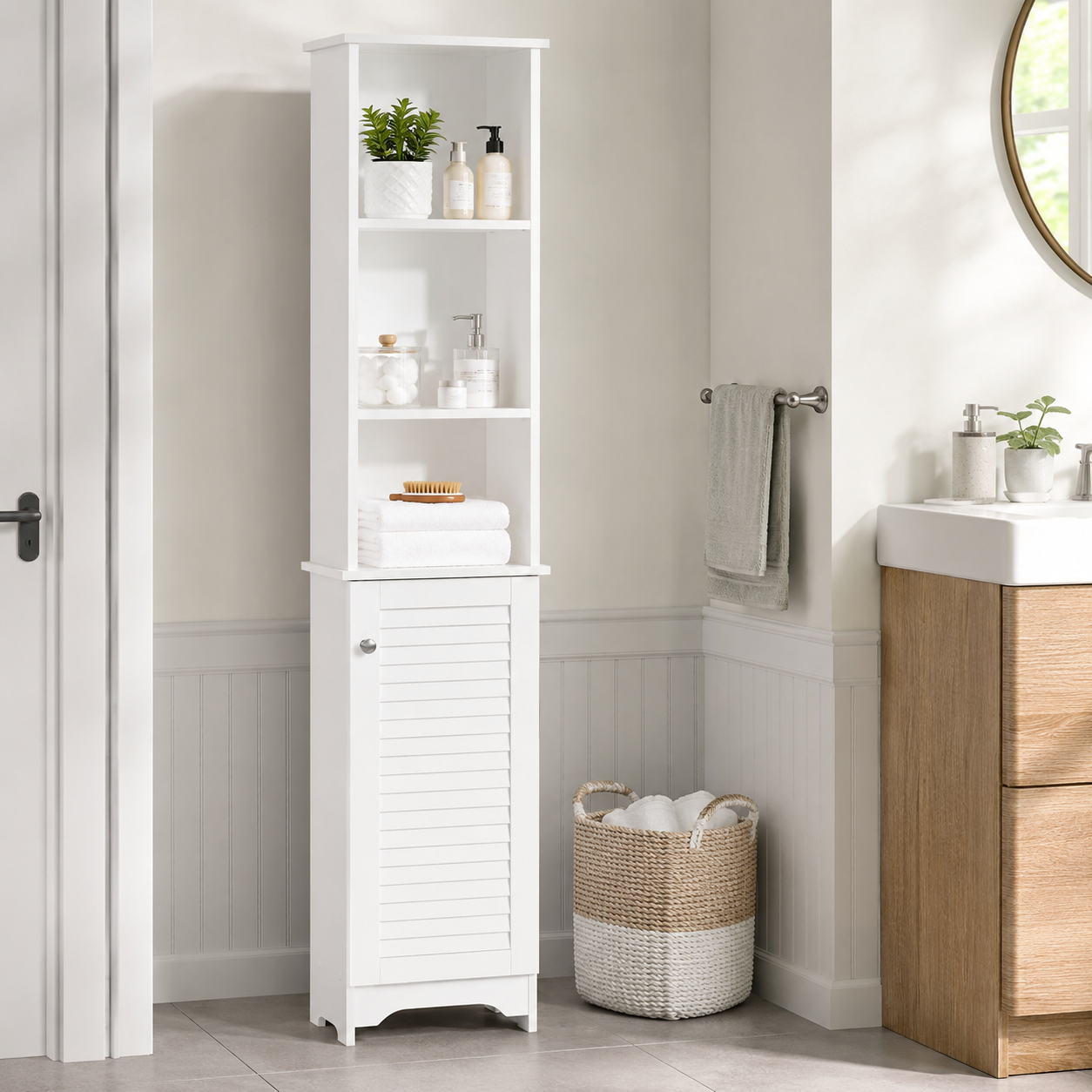 Bathroom Storage Cabinet – Tall, Slim, 6 Shelves, Shutter Door, 165×34×20cm, White