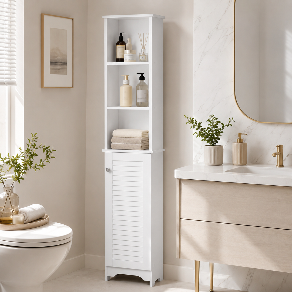 Bathroom Storage Cabinet – Tall, Slim, 6 Shelves, Shutter Door, 165×34×20cm, White