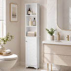 Bathroom Storage Cabinet – Tall, Slim, 6 Shelves, Shutter Door, 165×34×20cm, White