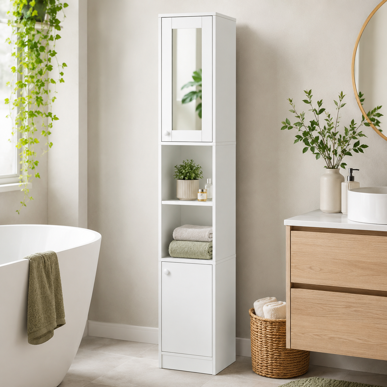 Bathroom Cabinet – Kleankin, Tall with Mirror Door, 2 Cupboards & Open Shelves, White