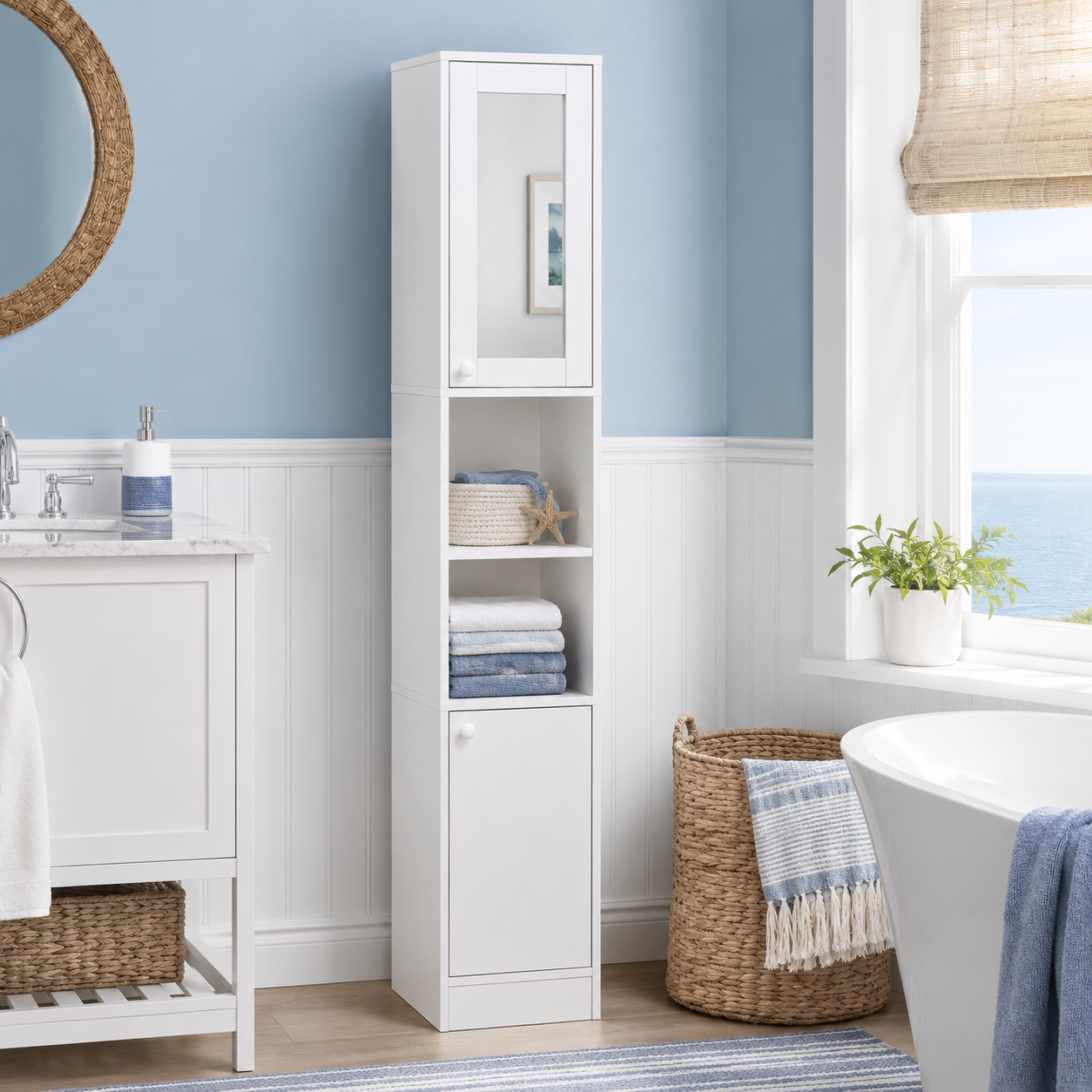 Bathroom Cabinet – Kleankin, Tall with Mirror Door, 2 Cupboards & Open Shelves, White