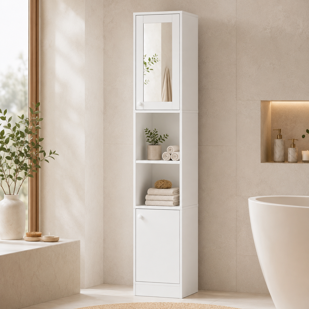 Bathroom Cabinet – Kleankin, Tall with Mirror Door, 2 Cupboards & Open Shelves, White