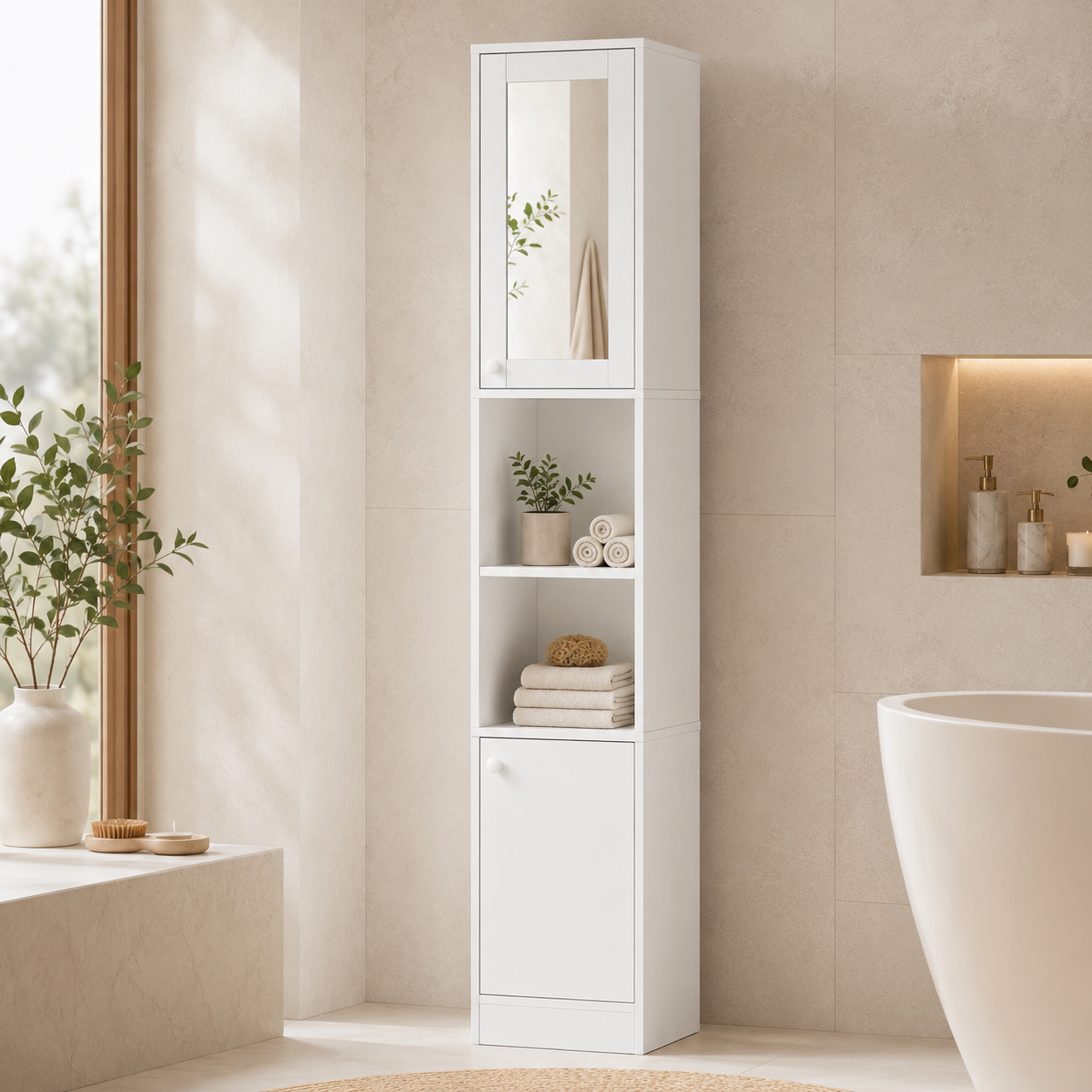 Bathroom Cabinet – Kleankin, Tall with Mirror Door, 2 Cupboards & Open Shelves, White