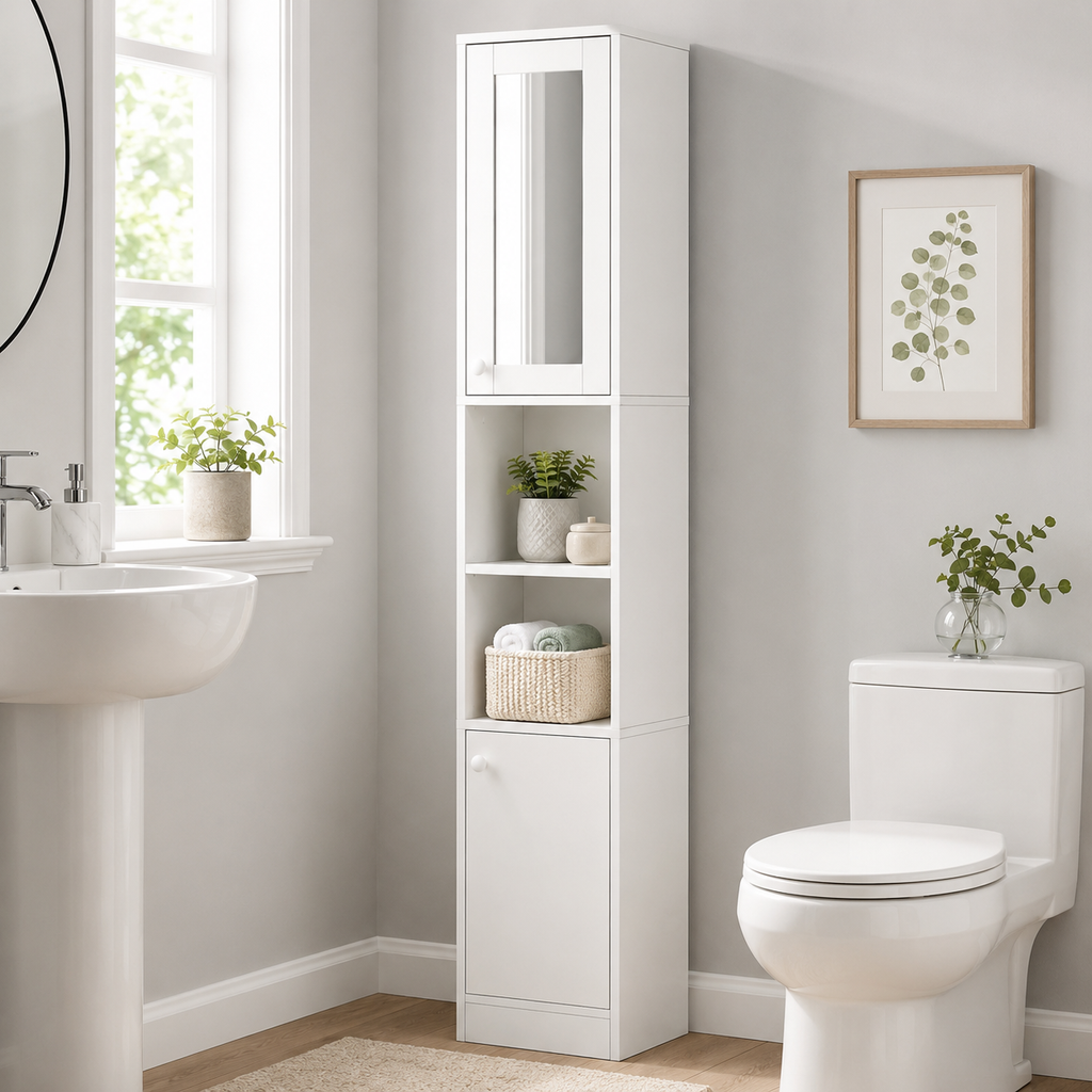 Bathroom Cabinet – Kleankin, Tall with Mirror Door, 2 Cupboards & Open Shelves, White
