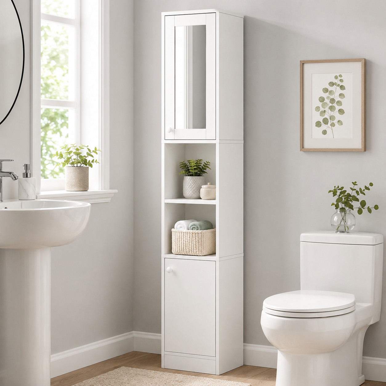 Bathroom Cabinet – Kleankin, Tall with Mirror Door, 2 Cupboards & Open Shelves, White