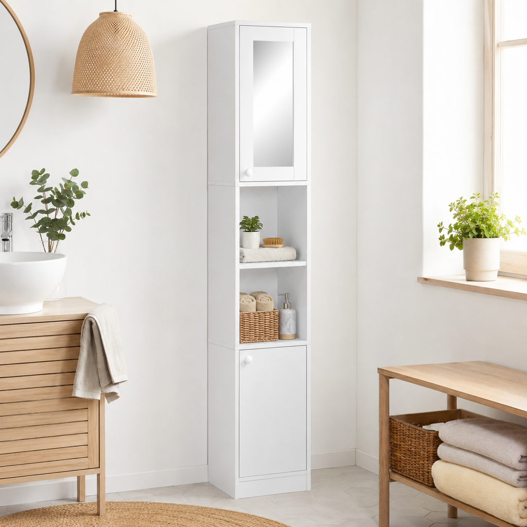 Bathroom Cabinet – Kleankin, Tall with Mirror Door, 2 Cupboards & Open Shelves, White