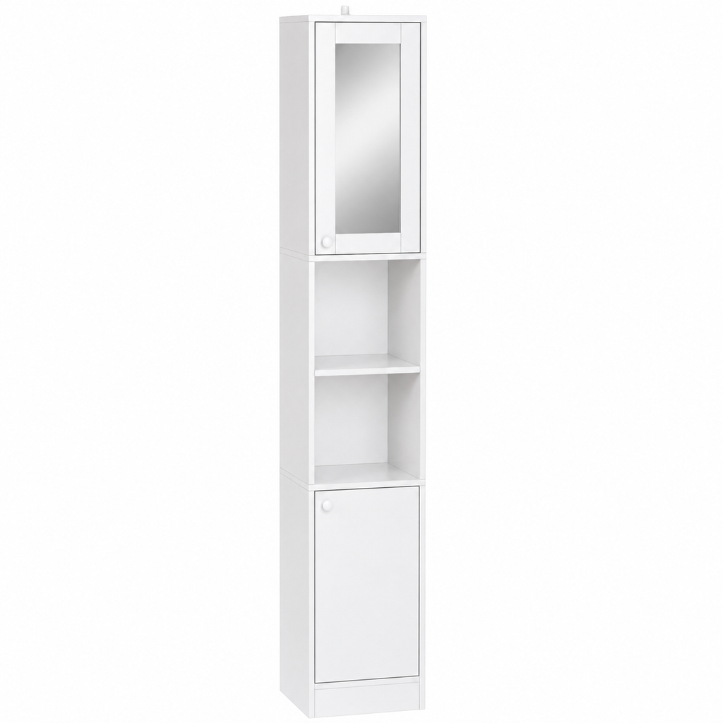 Bathroom Cabinet – Kleankin, Tall with Mirror Door, 2 Cupboards & Open Shelves, White