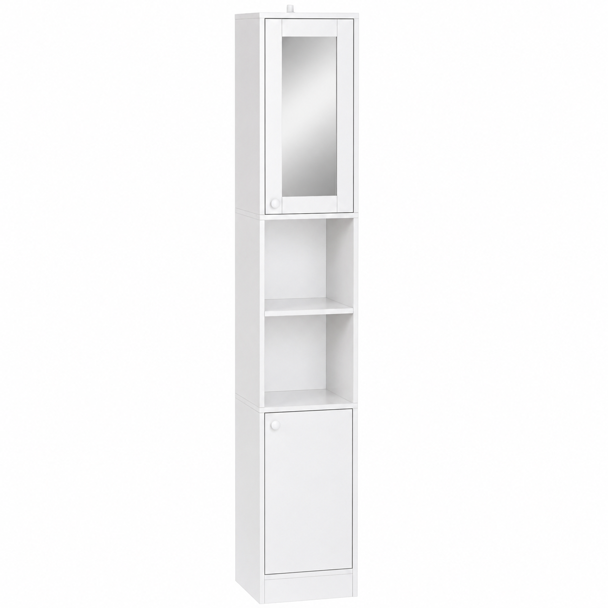 Bathroom Cabinet – Kleankin, Tall with Mirror Door, 2 Cupboards & Open Shelves, White